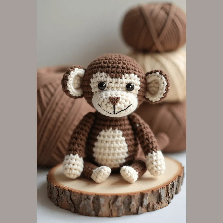 Brown and cream crocheted amigurumi monkey sitting on a wooden slice, yarn balls blurred in background.