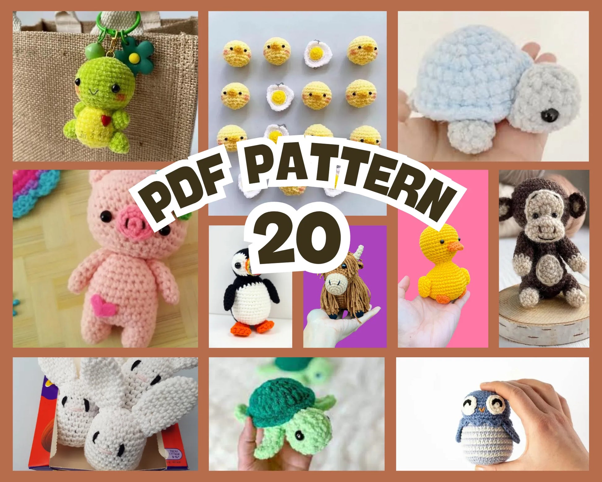 Colorful amigurumi farm animals including duck, chick, pig, penguin, turtle, sheep, cow, and owl in a pattern bundle collage.