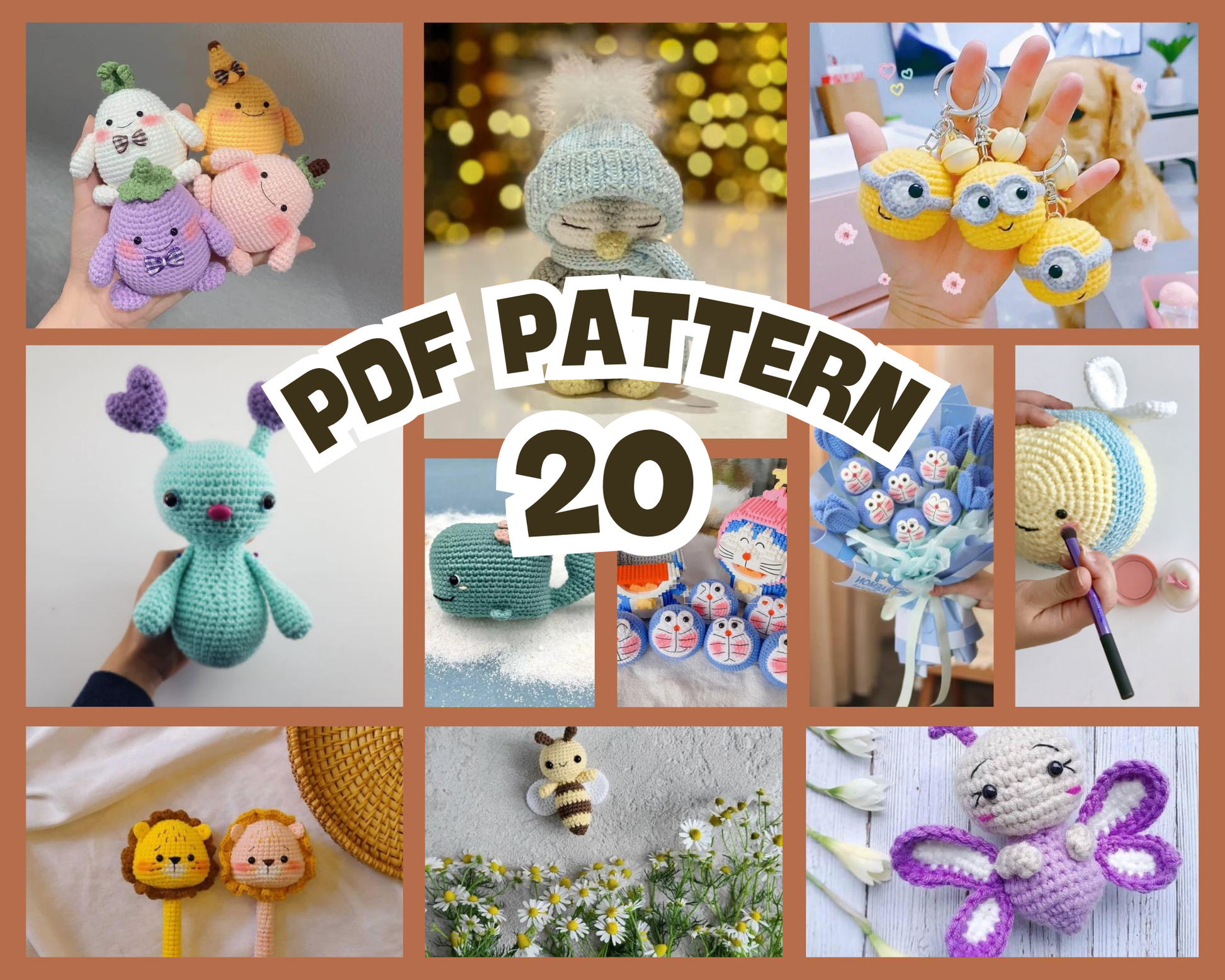 Collage of colorful amigurumi insects and small critters including bees, butterflies, and birds with "PDF Pattern 20" text.