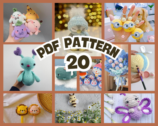 Collage of colorful amigurumi insects and small critters including bees, butterflies, and birds with "PDF Pattern 20" text.