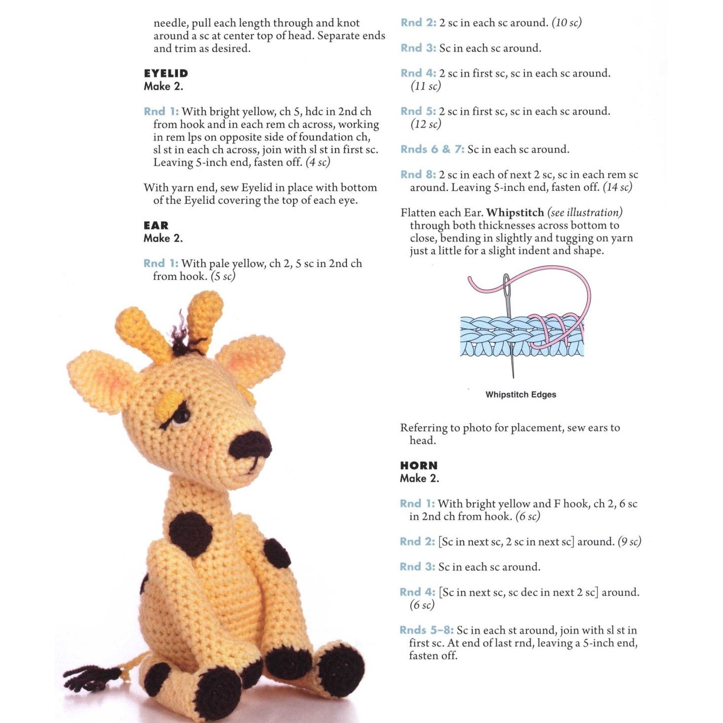 Crochet instruction page for giraffe amigurumi with detailed steps and color diagrams.