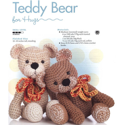 Two crocheted amigurumi teddy bears in beige and brown with colorful scarves sitting side by side.