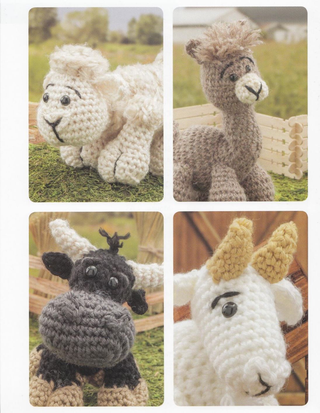 Four close-ups of hand-crocheted amigurumi farm animals featuring a fluffy white sheep, a light brown alpaca, a dark gray.