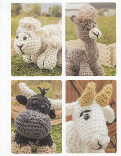 Four close-ups of hand-crocheted amigurumi farm animals featuring a fluffy white sheep, a light brown alpaca, a dark gray.