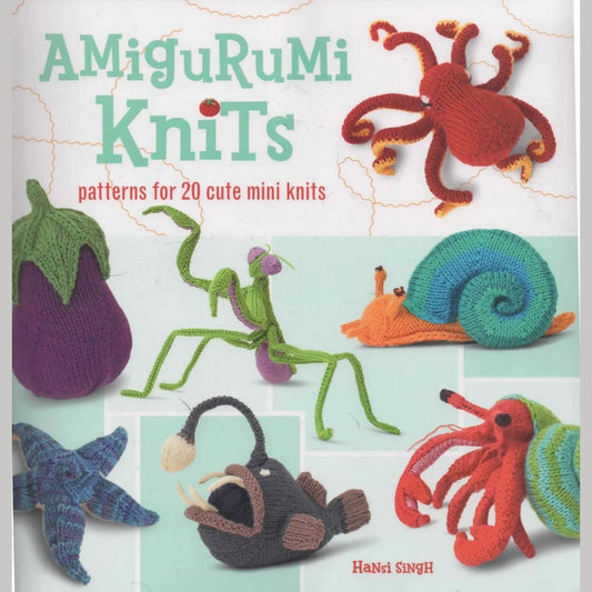 Colorful amigurumi knit patterns featuring octopus, snail, praying mantis, starfish, flower, and anglerfish designs on a.