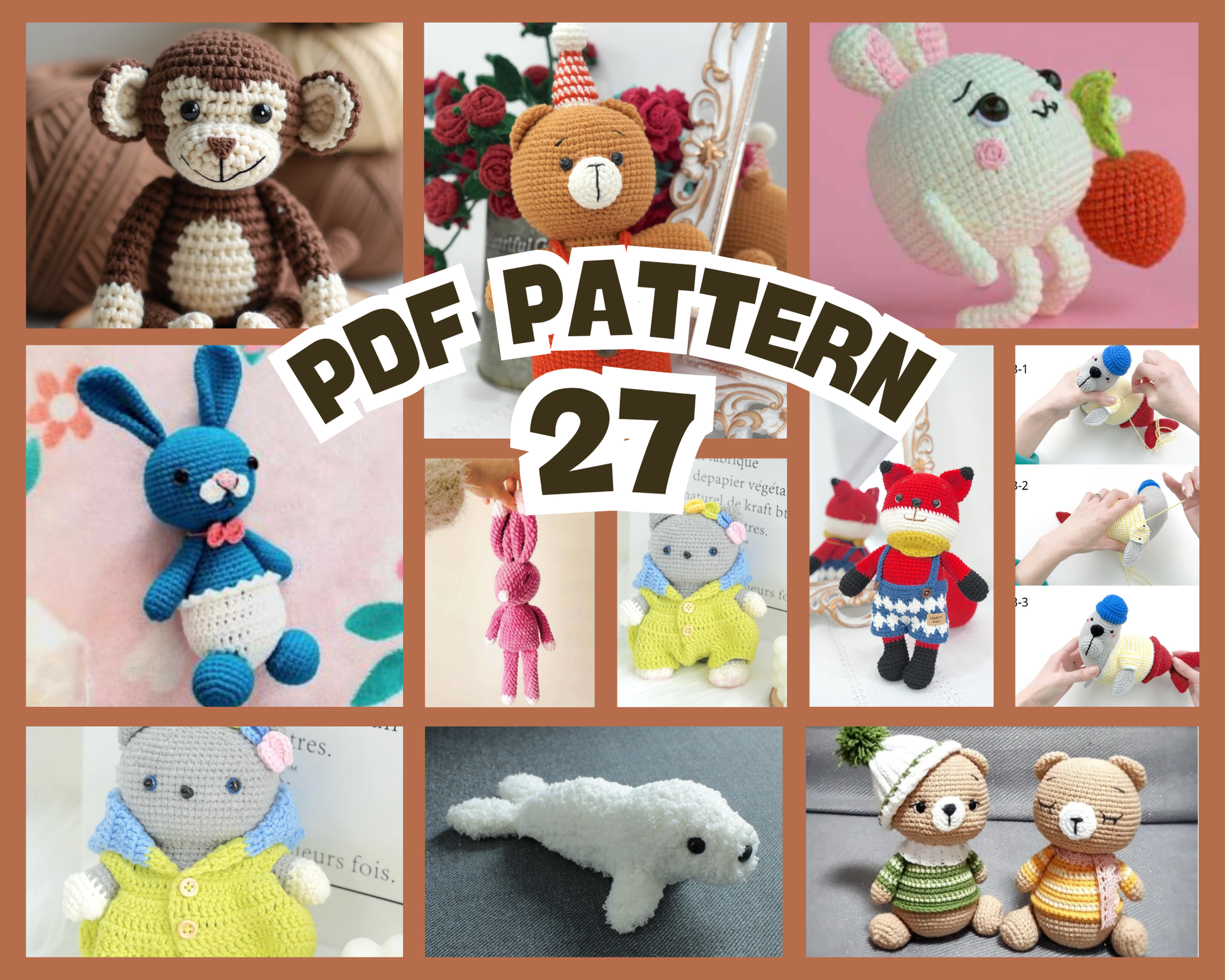 Collage of colorful amigurumi animal crochet patterns including monkey, bear, bunny, unicorn, seal, and raccoons in various.