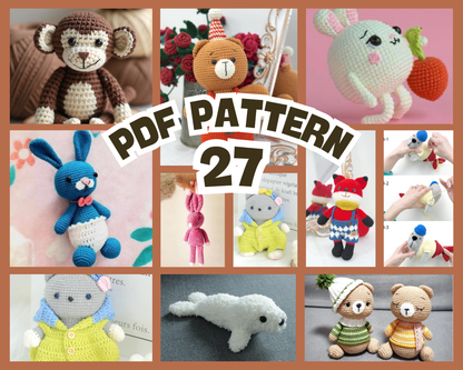Collage of colorful amigurumi animal crochet patterns including monkey, bear, bunny, unicorn, seal, and raccoons in various.
