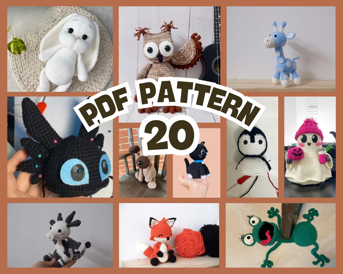 Collage of 12 colorful amigurumi crochet figures including bunny, owl, giraffe, dragon, penguin, fox, and dinosaur with text .