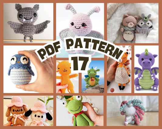 Collage of 12 colorful amigurumi crochet creatures including dragon, owl, frog, and unicorn with "PDF Pattern 17" text in.
