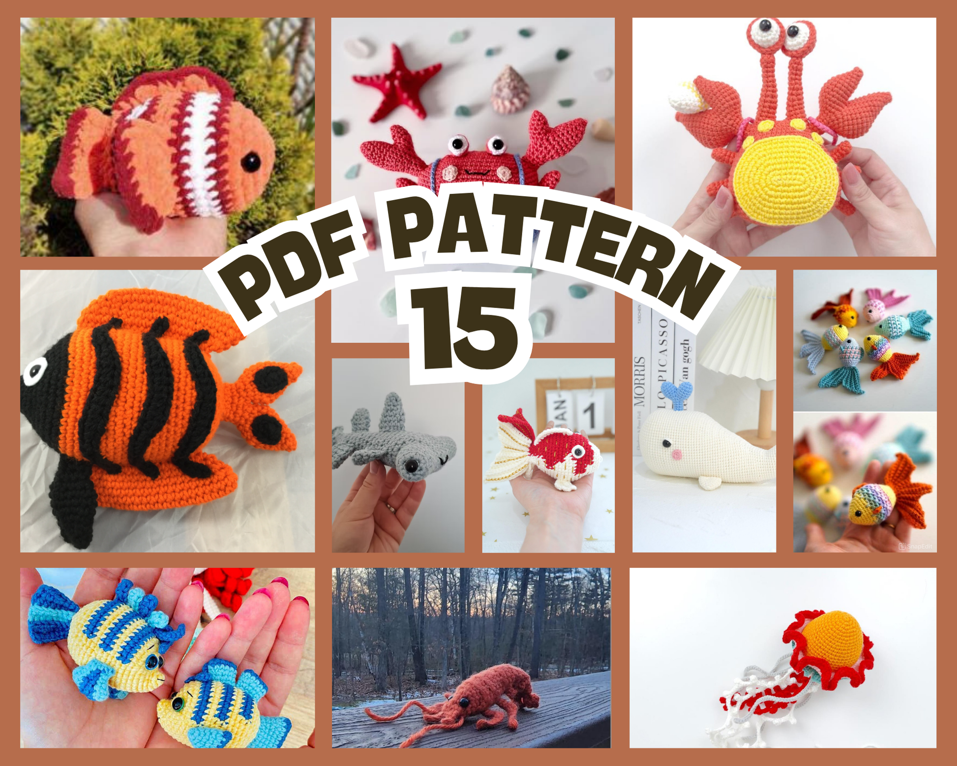 Collage of colorful amigurumi sea animals including fish, crab, starfish, dolphin, shark, turtle, and jellyfish crochet.