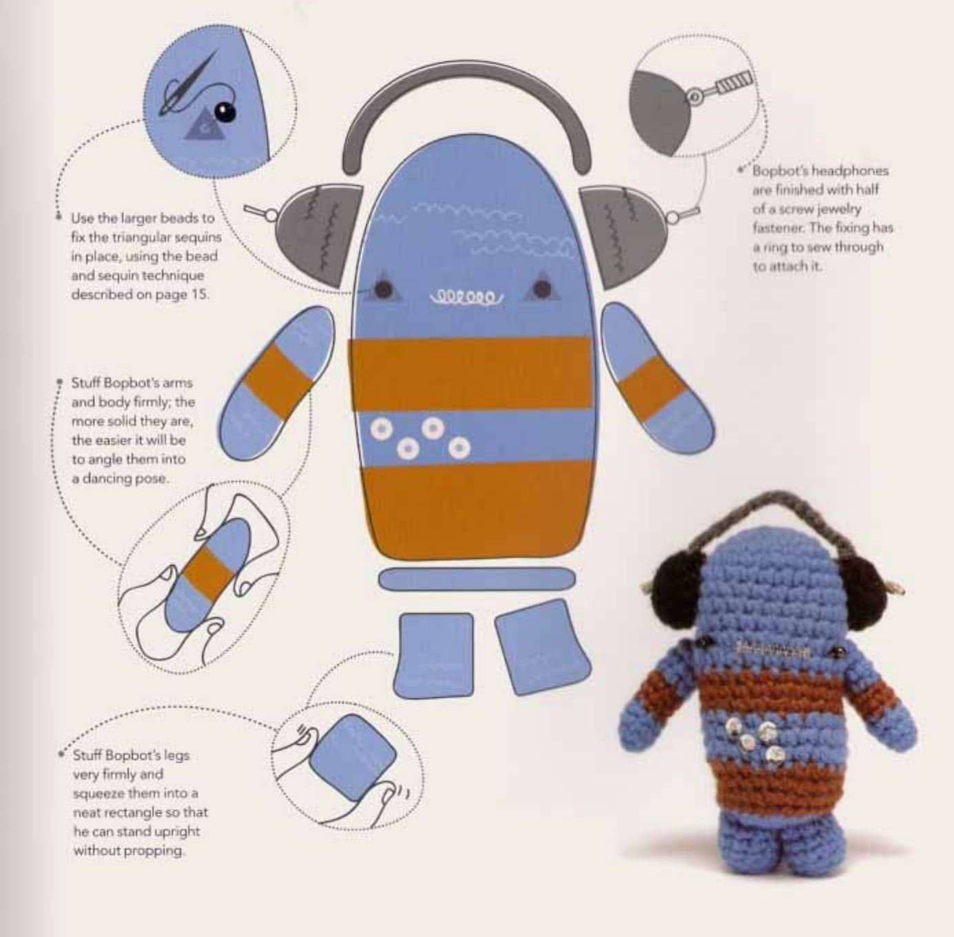 Crochet amigurumi robot with blue and orange body, headphones, and detailed assembly instructions diagram.