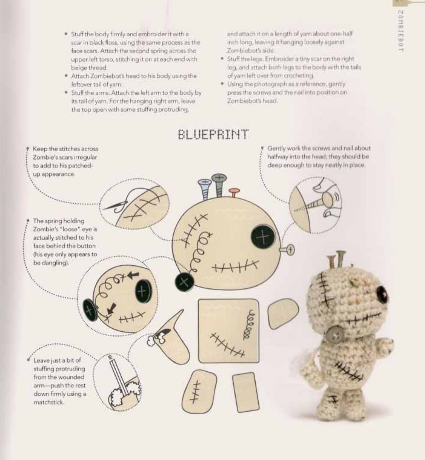 Amigurumi robot blueprint and crochet pattern pieces with completed beige robot figure showing stitch details.