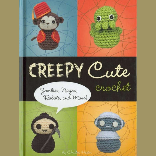 Crochet amigurumi figures of a ninja monkey, green zombie, hooded ninja, and blue robot on colorful background.