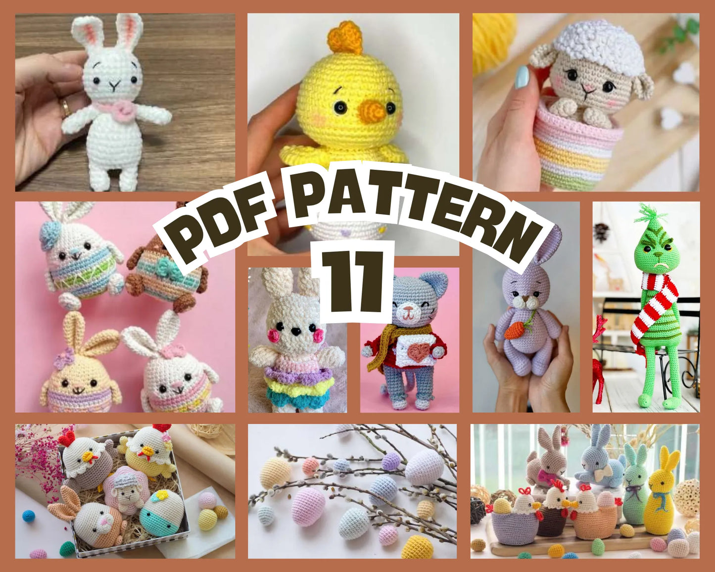 Collage of colorful seasonal amigurumi including Easter bunnies, chicks, holiday characters, and festive decorations in.