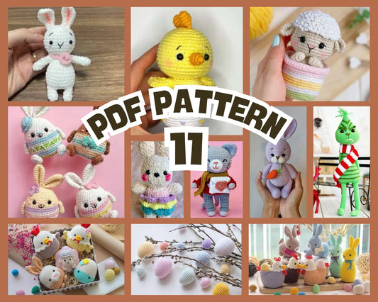 Collage of colorful seasonal amigurumi including Easter bunnies, chicks, holiday characters, and festive decorations in.