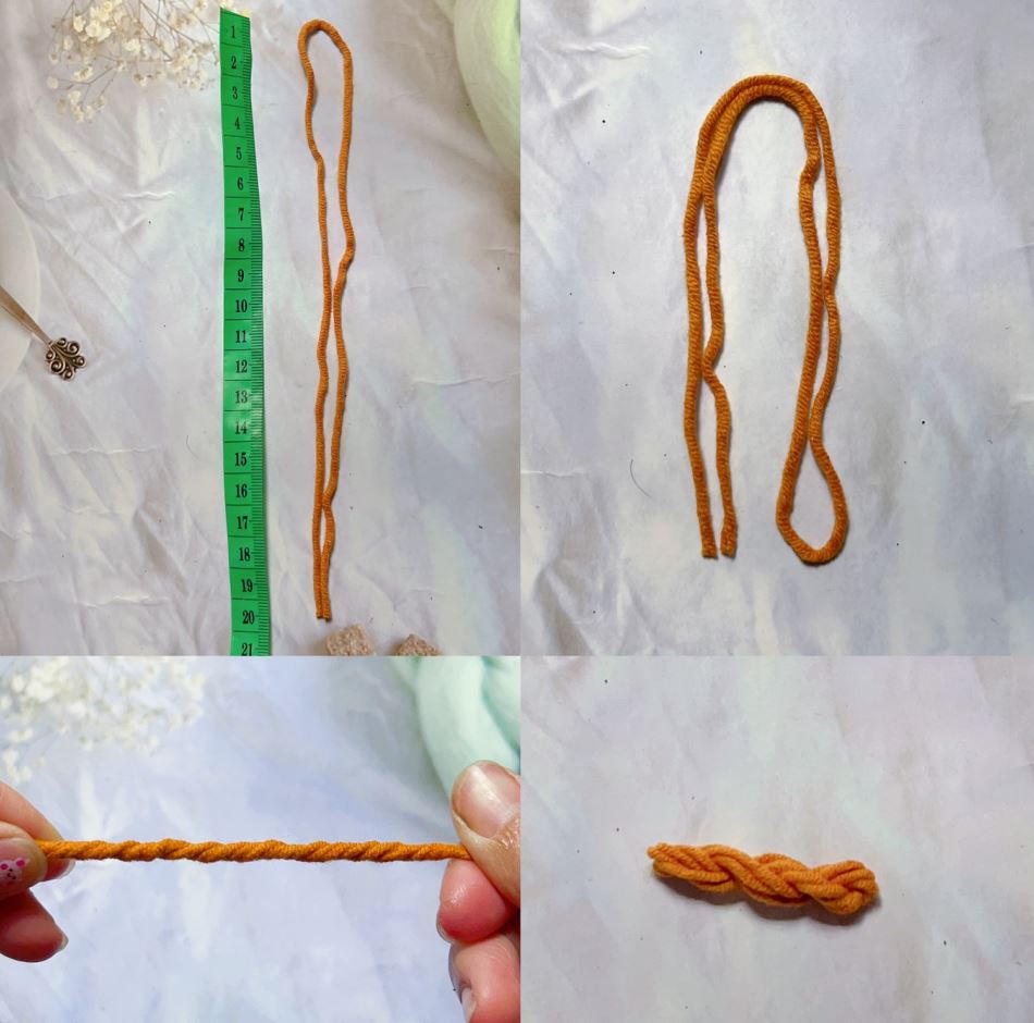 Handmade orange yarn strands for amigurumi Highland cow crochet pattern tutorial steps.
