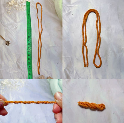 Handmade orange yarn strands for amigurumi Highland cow crochet pattern tutorial steps.