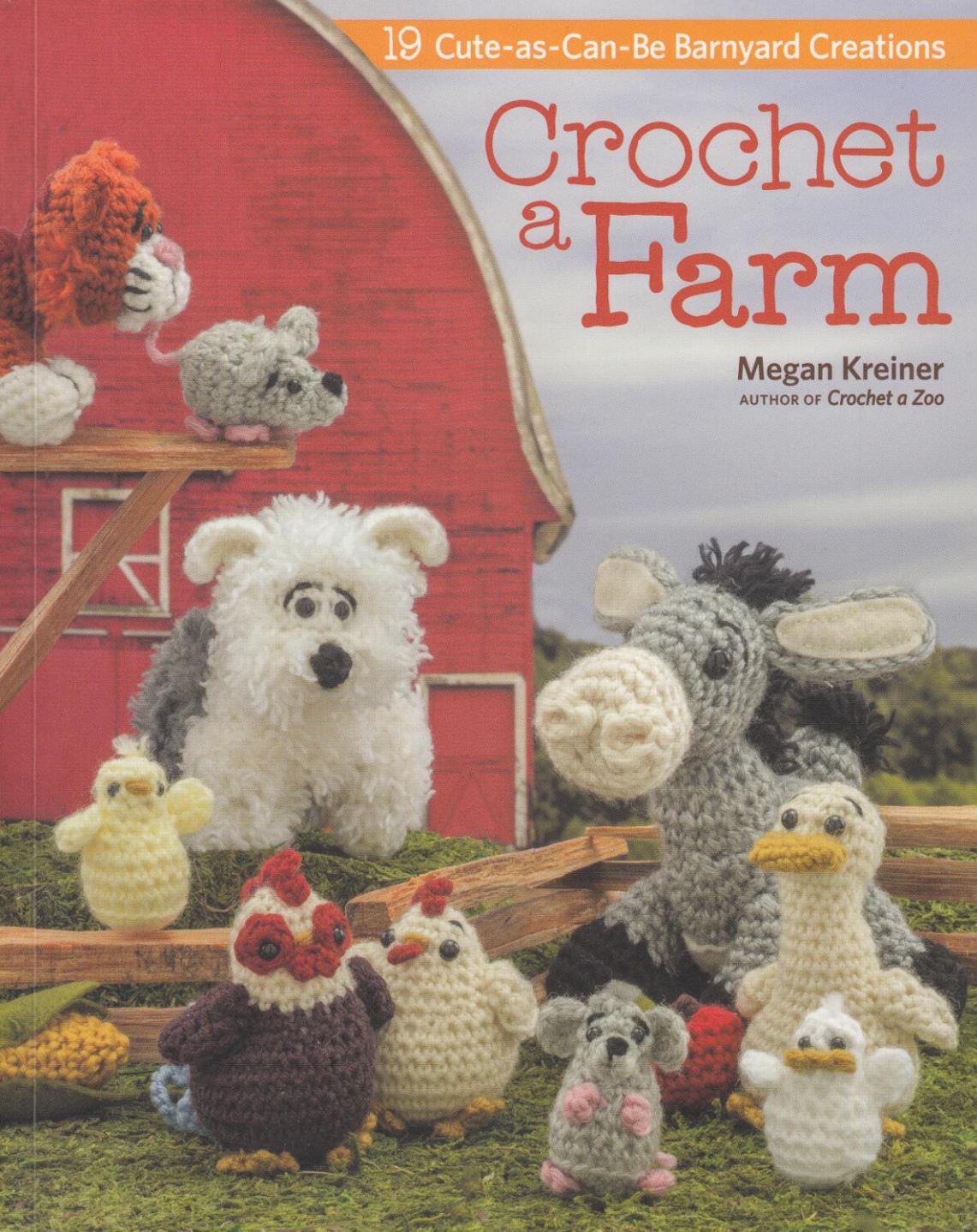Colorful amigurumi farm animals including cow, sheep, pig, chicken, and dog in front of a red barn backdrop.