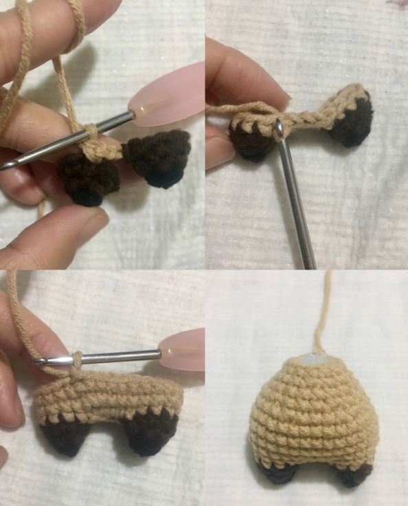 Brown crocheted deer legs with black hooves in progress, shown from multiple angles, amigurumi crochet work.