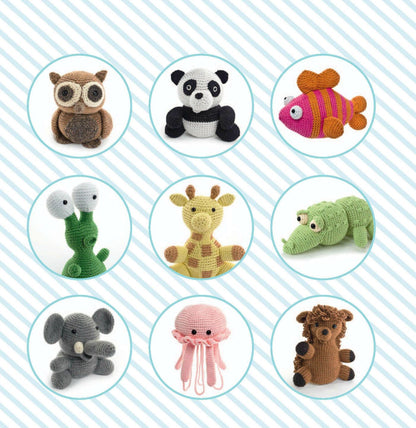 Collection of eight crocheted amigurumi animals including owl, panda, fish, snail, giraffe, crocodile, elephant, jellyfish,.