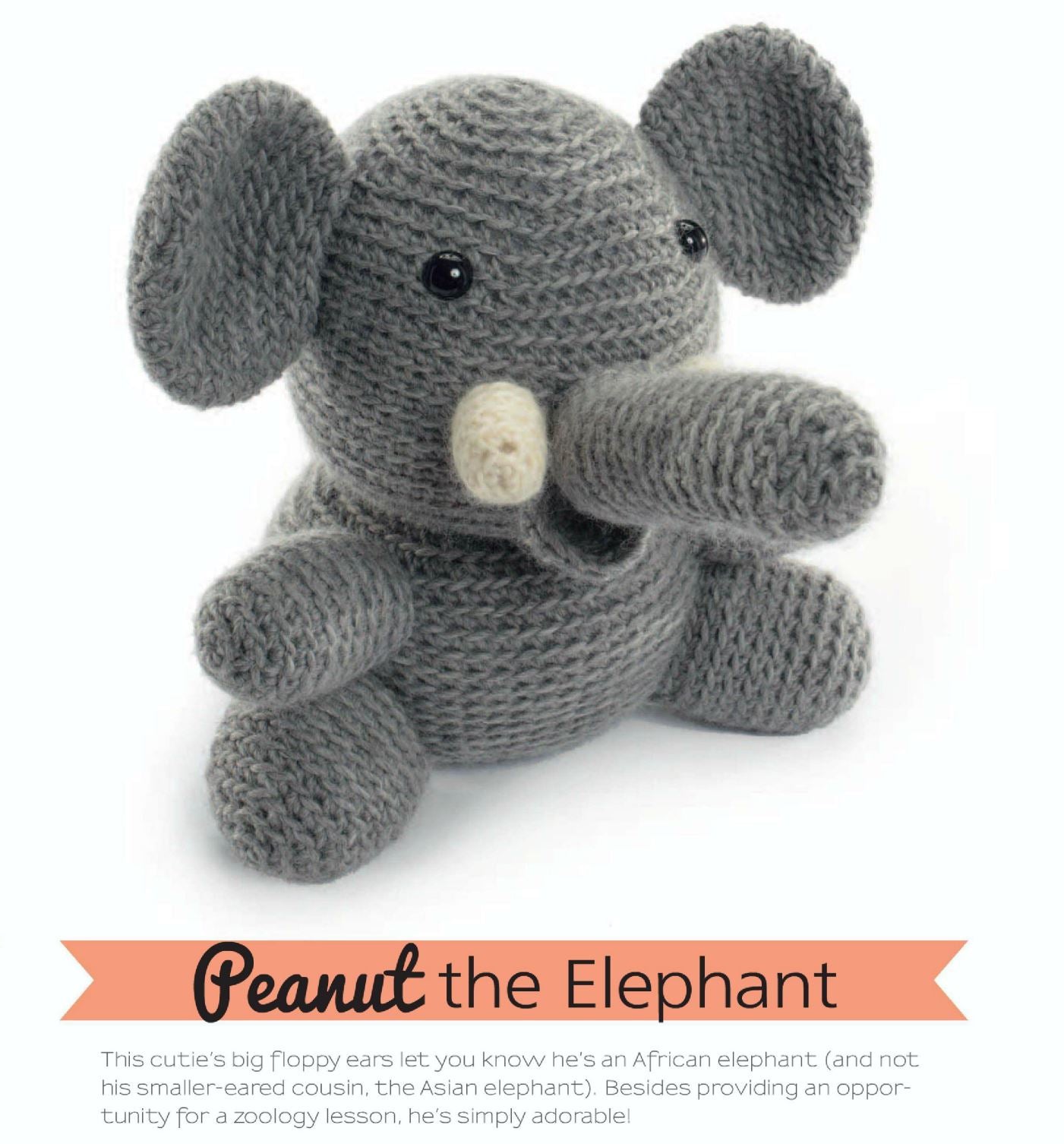Gray crocheted amigurumi elephant with large ears and a cream-colored tusk sitting on white background.