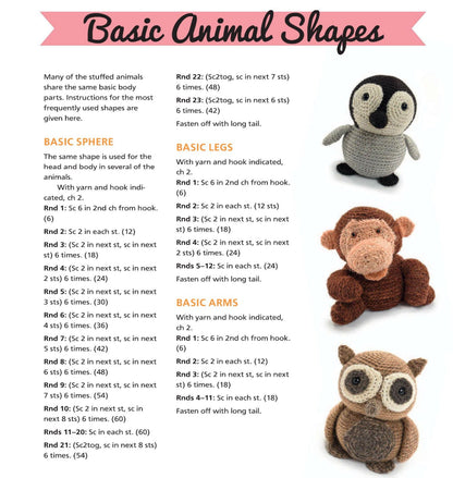 Digital ebook page showing beginner amigurumi patterns for basic animal shapes with instructions for shapes, legs, arms, and .