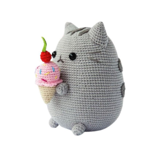 Pusheen Cat with Ice Cream Amigurumi Pattern - Cute Character Crochet PDF Download