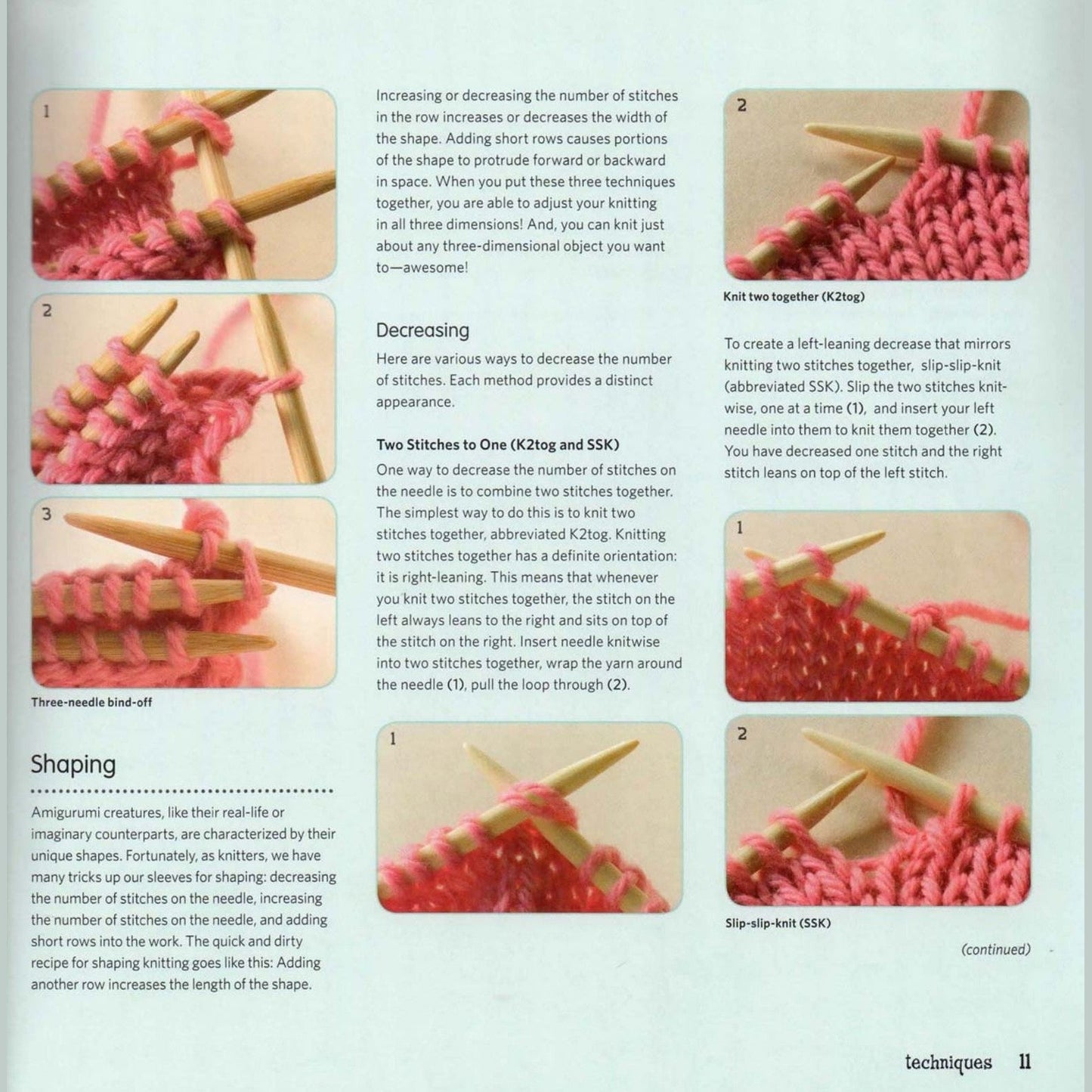 Digital ebook page showing detailed amigurumi knitting steps with close-ups of pink yarn stitches and wooden needles.