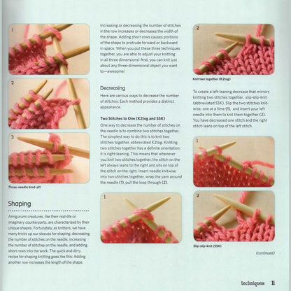Digital ebook page showing detailed amigurumi knitting steps with close-ups of pink yarn stitches and wooden needles.